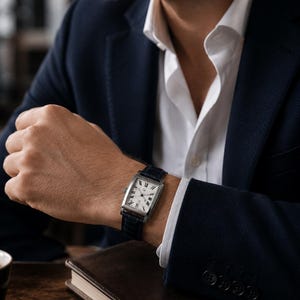 Könnte beinhalten: Eine rechteckige Armbanduhr mit silbernem Gehäuse und weißem Zifferblatt mit römischen Ziffern. Die Uhr hat ein dunkelblaues Lederarmband und ist 3,9 x 3,2 cm groß. Die Uhr wird am Handgelenk getragen, mit einem dunkelblauen Blazer und einem weißen Hemd im Hintergrund.