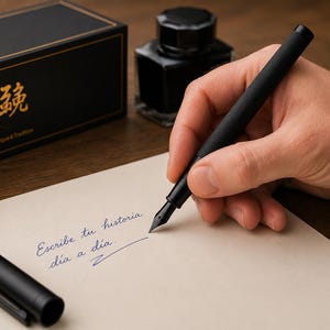 Puede incluir: Una pluma estilográfica negra mate con cuerpo texturizado y plumín fino, escribiendo sobre papel color crema con el texto Escribe tu historia día a día. Incluye un capuchón negro a juego, un tintero de cristal cuadrado y una caja negra.