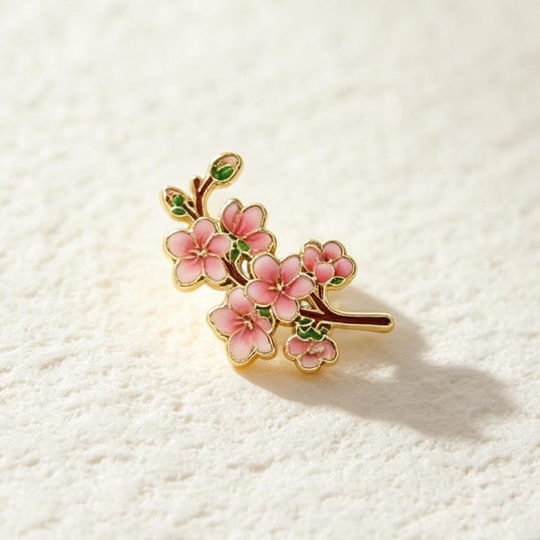 Broche de esmalte com flor de cerejeira, broche de lapela com ramo de sakura rosa, floral, banhado a ouro, esmalte rígido, broche botânico, joia minimalista, presente para mulheres