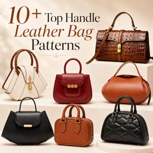 Pode incluir: Uma coleção de sete bolsas de couro com alça superior em várias formas, cores e texturas, incluindo branco, vermelho, preto e marrom. O texto "10+ Top Handle Leather Bag Patterns" é exibido no topo da imagem acima das bolsas.
