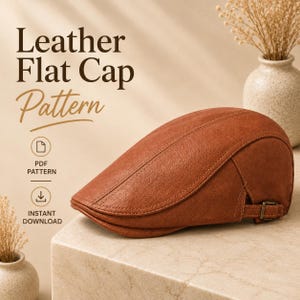 May include: A brown leather flat cap with a side buckle strap. The text on the image reads Leather Flat Cap Pattern, PDF Pattern, and Instant Download. The cap features a structured design with visible stitching along the curved panels.