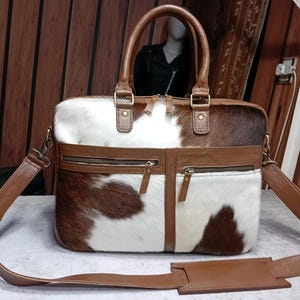 Handmade Cowhide Leather Laptop Bag – Hair-On Hide, Brown Leather Trim work