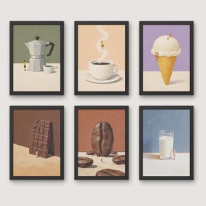 May include: Six framed art prints featuring food and drink illustrations. The prints depict a coffee maker, a cup of coffee, an ice cream cone, a chocolate bar, a coffee bean, and a glass of milk. Each print has a black frame and a neutral background.