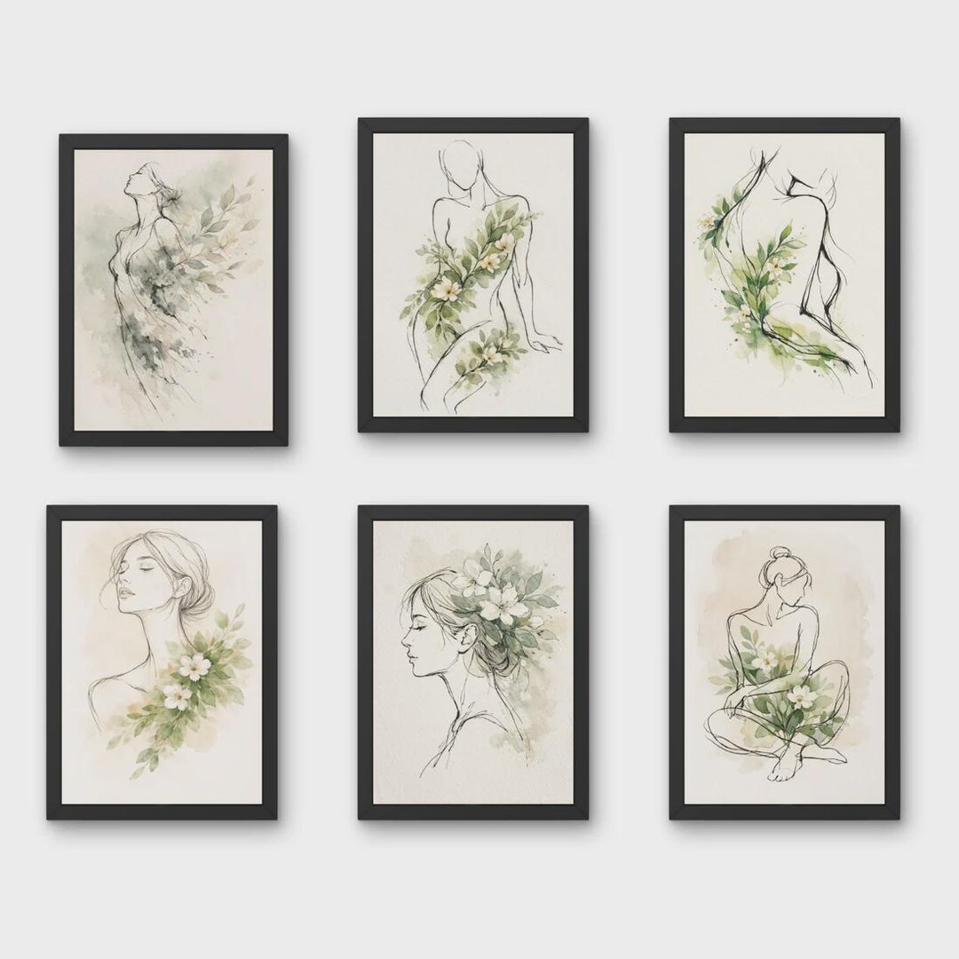 Botanical Calm Wall Art Set – 6 Piece A4 Framed Floral Line Art Yoga ...