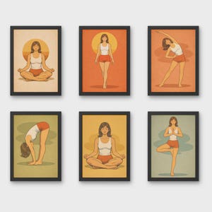 May include: Set of six framed art prints featuring illustrations of a person in various yoga poses. Each print has a vintage aesthetic with a woman in a white tank top and red shorts. The backgrounds vary in color, including orange, yellow, and green.