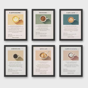 May include: Six framed art prints showcasing coffee drinks: Cappuccino, Espresso, Cafe Latte, Americano, Affogato, and Caffe Con Panna. Each print features a coffee cup illustration, drink description, and "Made in Italy" text.