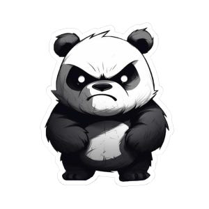 Puede incluir: Una pegatina en blanco y negro con una ilustración estilizada de un panda con una expresión severa y ceñuda. El panda tiene manchas oscuras alrededor de los ojos, orejas redondeadas y una apariencia texturizada y sombreada en diseño troquelado.