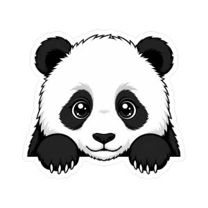 Puede incluir: Una pegatina troquelada que muestra un panda de dibujos animados con grandes ojos negros brillantes, pelaje blanco en la cara y manchas negras alrededor de los ojos y las orejas. El panda aparece con las patas delanteras apoyadas hacia adelante.