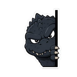 以下が含まれることがあります： 黒い縦線から覗く、漫画のゴジラのステッカー。イラストはゴジラの頭と爪のある手を描いており、濃いグレーの色使いと目と歯の白いアクセントが特徴です。