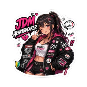 May include: A sticker depicting an anime-style character with black hair and pink highlights. The character is wearing a black jacket with patches and the text "JDM Heartbreaker" in pink. Other text includes "Boost Addict" and Japanese phrases.