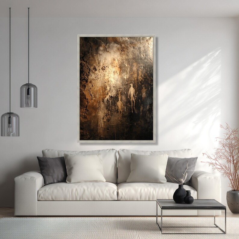 Ancient Tribal Cave Paintings Canvas, Primitive Rock Art Wall Decor, Historical Archeological Canvas, Rustic Dark Toned Wall Art image 4