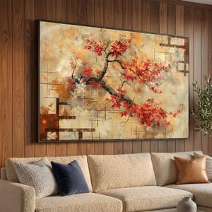 Autumn Maple Branch Canvas Wall Art, Red Leaves Painting, Modern Nature Decor, Elegant Botanical Canvas, Ready to Hang Wall Decoration