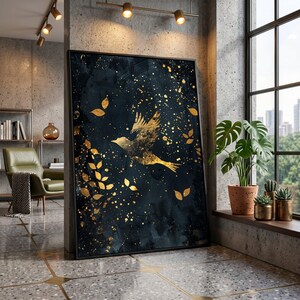 Golden Bird Flight Canvas, Abstract Nature Wall Art, Dark Background Metallic Leaves, Modern Home Decoration, Ready to Hang