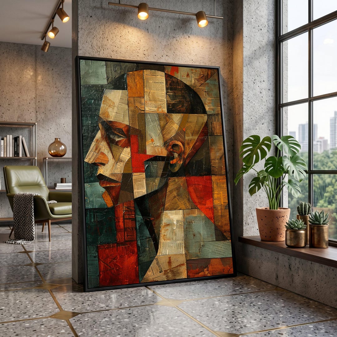 Abstract Cubist Profile Portrait Canvas, Modern Geometric Wall Art ...