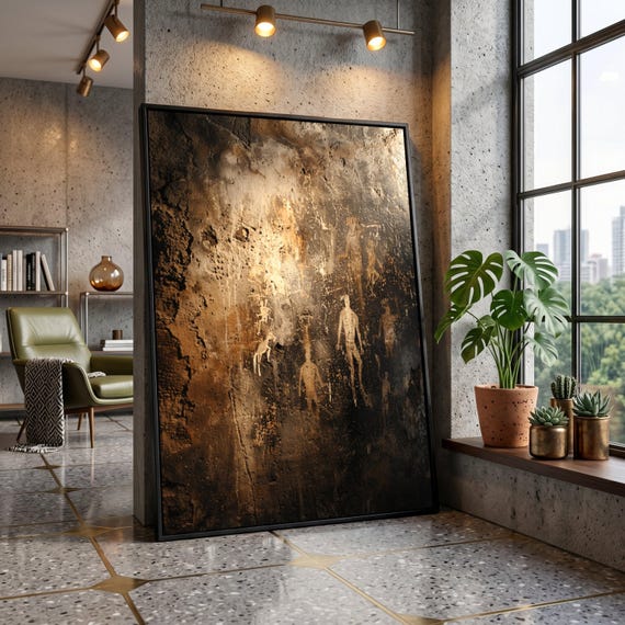 Ancient Tribal Cave Paintings Canvas, Primitive Rock Art Wall Decor, Historical Archeological Canvas, Rustic Dark Toned Wall Art