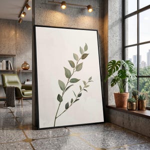 Minimalistische botanische canvas muurkunst, groene bladtak illustratie, modern neutraal plantdecor, canvasafdruk natuurlijke elementen, huis