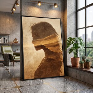 Silhouette Portrait Canvas Wall Art, Woman Profile with Draped Fabric, Sepia Tone Home Decor, Elegant Feminine Wall Canvas, Timeless