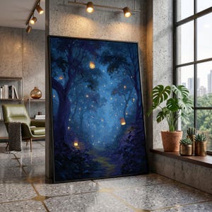 Enchanted Forest Night, Floating Lantern Canvas, Mystical Woodland Wall Art, Blue Twilight Scene, Magical Lighting Decoration
