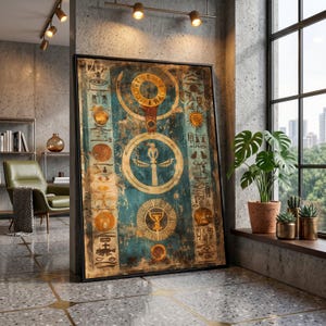 May include: Large framed artwork with an ancient Egyptian theme. The artwork features hieroglyphs and circular designs in gold and brown against a teal background. The frame is black, and the artwork is displayed in a modern interior setting.