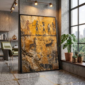 May include: A framed canvas print depicting ancient cave art. The artwork features ochre and black figures of people and animals, set against a textured, golden-brown background. The print is displayed in a modern interior setting, leaning against a concrete wall.