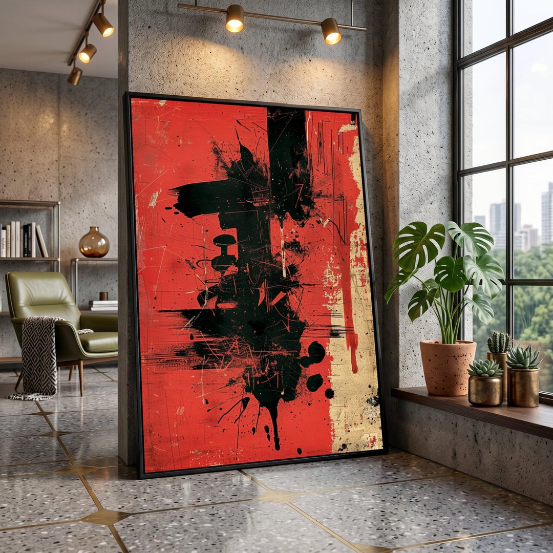 Bold Abstract Red and Black Canvas, Modern Splatter Wall Art, Graphic ...