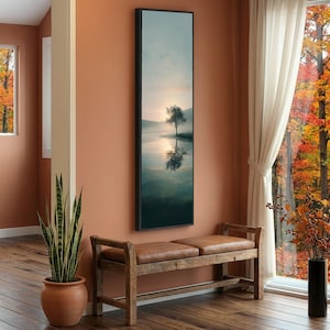 Tranquil Lake Sunrise Canvas, Solitary Tree Reflection, Misty Morning Landscape, Peaceful Nature Wall Art, Calm Scenic Decoration