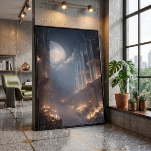 Enchanted Moonlit Library, Candlelit Bookshelf Canvas, Fantasy Interior Wall Art, Mystical Night Scene Canvas, Literary Home Decor