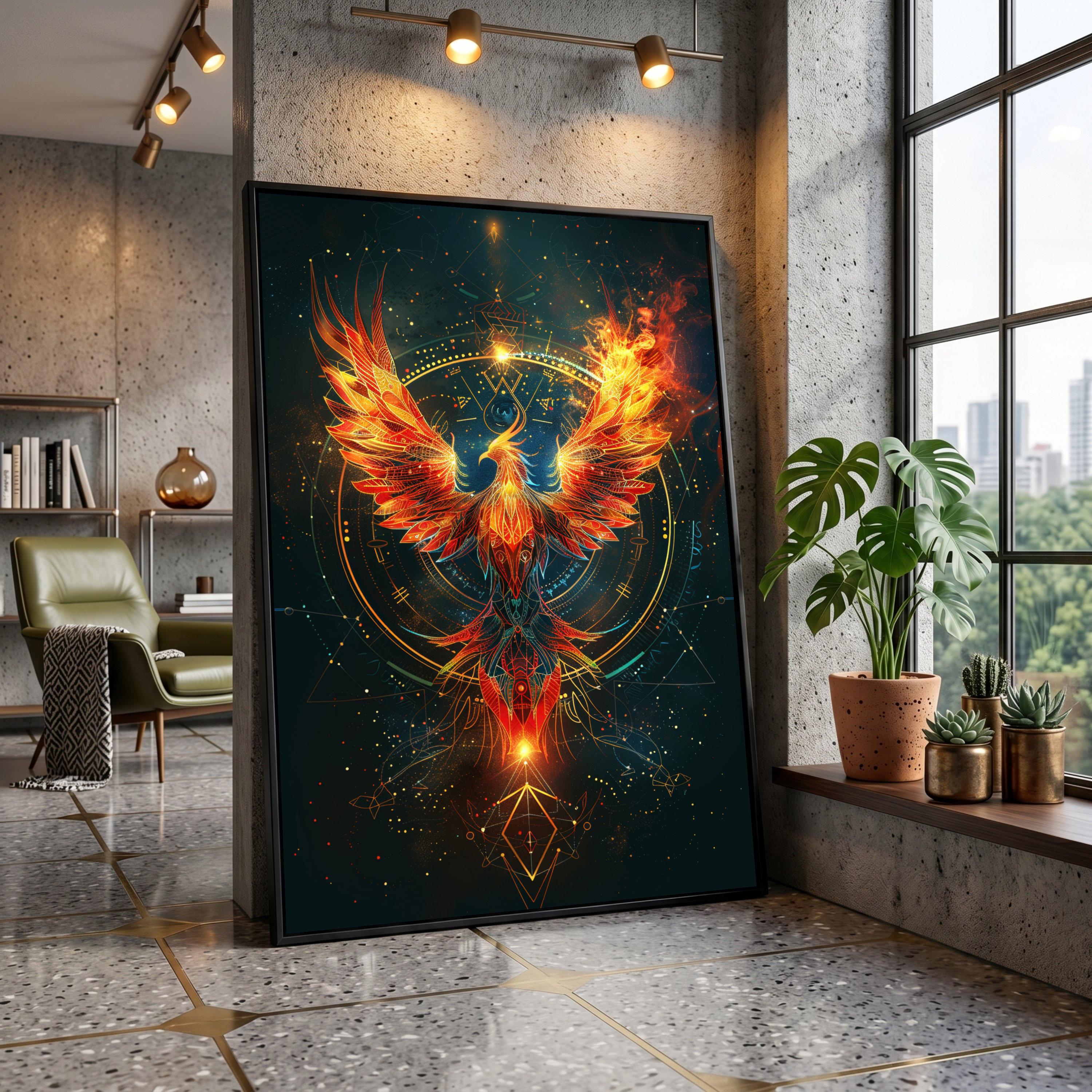 Fiery Phoenix Rising Canvas Wall Art, Mystic Flame Bird, Abstract ...