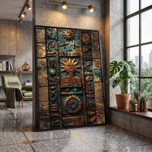 May include: A framed wall art piece featuring a detailed relief carving with a teal and gold color scheme. The artwork depicts sun-like symbols and stylized figures, reminiscent of ancient civilizations. The piece is displayed in a modern interior setting.