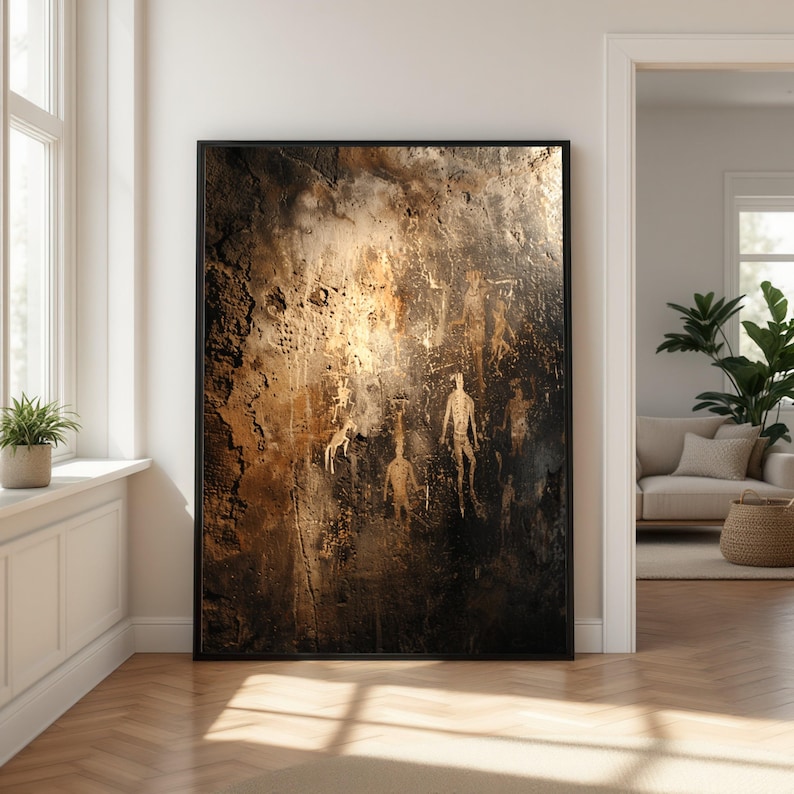 Ancient Tribal Cave Paintings Canvas, Primitive Rock Art Wall Decor, Historical Archeological Canvas, Rustic Dark Toned Wall Art image 2