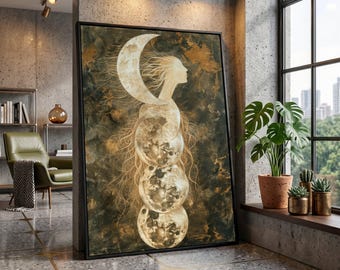 Celestial Woman Moon Phases Canvas, Mystical Lunar Art, Ethereal Wall Decor, Fantasy Night Sky Canvas, Dreamy Home Decoration