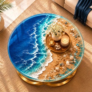 Puede incluir: Una mesa de centro redonda con un tablero de resina que presenta un diseño realista de olas del océano, incluyendo agua azul profundo, espuma de mar blanca y una sección de playa arenosa con conchas incrustadas. Base de metal dorado.