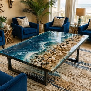 Handgemaakte salontafel oceaanepoxyhars – strandgolfdesign met zand, schelpen