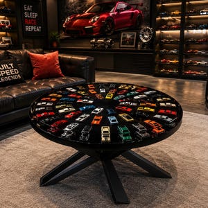 Epoxy Resin Coffee Table with Embedded Toy Cars | Round Collector Display Furniture