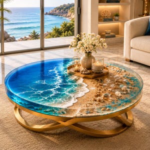 Könnte beinhalten: Ein runder Couchtisch mit einem goldfarbenen Metallgestell und einer Glasplatte, die ein Harzdesign eines blauen Ozeans mit weißen Wellen zeigt, die auf einen sandigen Strand mit verschiedenen Muscheln treffen, dekoriert mit Blumen und Kerzen.