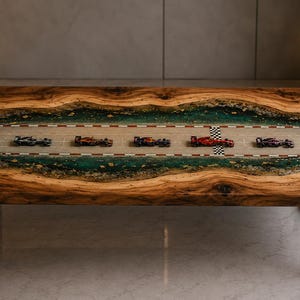 May include: A rectangular coffee table featuring a live-edge wood border and a central resin inlay. The resin depicts a race track with five miniature formula-style race cars and a checkered finish line. The table stands on black metal legs.
