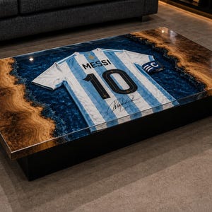 Op de afbeelding: Een rechthoekige salontafel met een lichtblauw en wit Argentijns voetbalshirt met de naam MESSI en nummer 10, ingebed in een glanzend hars oppervlak met natuurlijke houten randen en een blauw rivierontwerp. De tafel heeft een dikte van 35 mm.