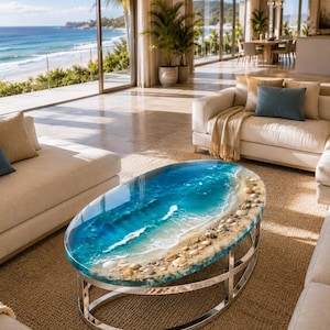 Pode incluir: Uma mesa de centro oval com tampo de resina apresentando uma cena oceânica realista, incluindo águas azul-profundo, ondas de espuma branca e uma costa arenosa decorada com várias conchas, sobre uma base de metal prateado polido.
