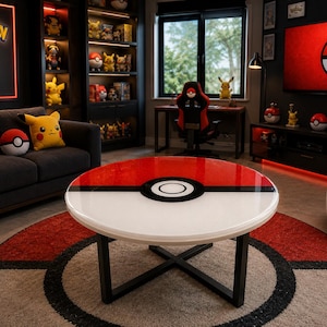 May include: A round coffee table with a glossy red, white, and black Poké Ball design on the tabletop, supported by a black metal X-shaped base. The table sits on a circular rug featuring a matching red, white, and black Poké Ball graphic pattern.