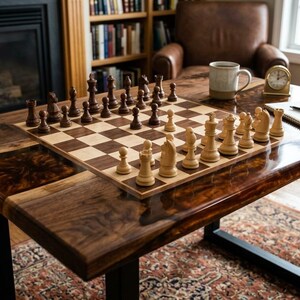 Peut inclure: Un jeu d'échecs en bois avec des pièces claires et sombres disposées sur un plateau carré, posé sur une table en noyer à bord naturel avec une incrustation en résine brillante. La table a des pieds en métal noir dans une pièce avec cheminée.