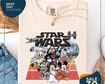 Comfort Color® Retro Star Wars Disney Shirts | Retro Mickey and Friends Jedi Tee | Family Vacation Outfit | Sci-Fi Cartoon Graphic | Disney