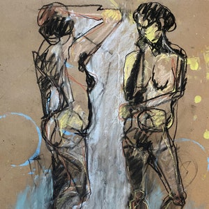 ORIGINAL Figure Drawing-Two Nudes-Female Figures-Charcoal n pastel-Large drawing-Figurative-Interior decor-Fine art-Wall art