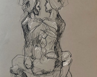 Figure Drawings-Two Females-Nude Gesture drawing-Original Abstract drawing-Large Life Study-Affordable art-Interior decor-Charcoal-Wall art