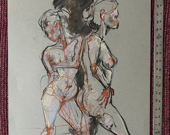 Figure Drawings-Two Females-Nude Gesture drawing-Original drawing-Large Life Study-Affordable art for home-Interior decor-Charcoal-Wall art