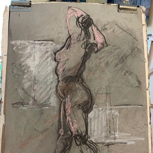 ORIGINAL Charcoal Figure Drawing-Nude Female Figure-Large Life drawing-Black and White-Fine art for home decor-gray-Monotone