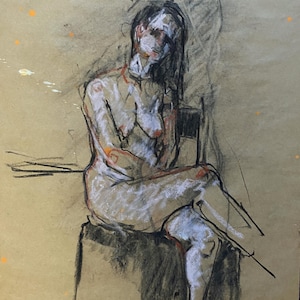 ORIGINAL Drawing-Female Nude-Figure study-Back view-Charcoal and pastel-Peaceful-cool colors-Interior decor-Affordable wall art-OOAK