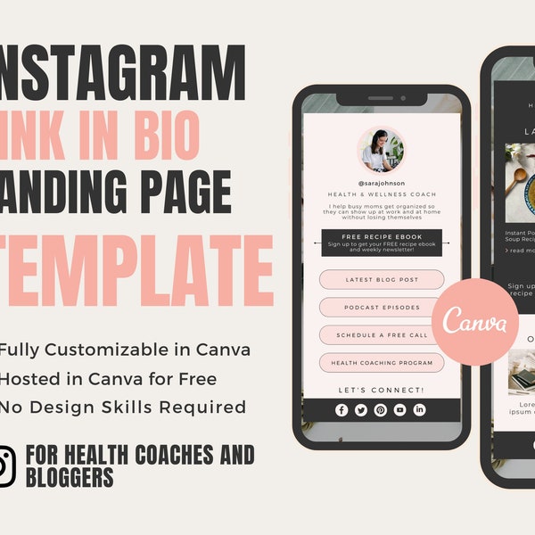 Instagram Landing Page | Instagram Link in Bio | Bio Link Mini Website | Canva Template for Health and Wellness Coaches | Pastel Pink