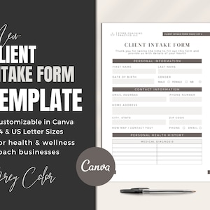 Client Intake Form Canva Template | Health Coach Forms | Client Coaching Form | New Client Intake Packet | Client Information Sheet | GREY
