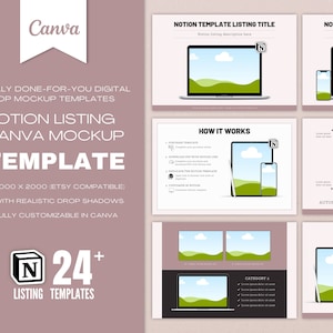May include: A Canva mockup template for Notion listing featuring 24+ templates. The mockup shows a laptop, tablet, and phone with a green landscape background. The text "Notion Template Listing Title" is at the top of the mockup. The text "How it Works" is in a white box on the left side of the mockup. The text "Automatically Synchronizes in Each Device" is at the bottom of the mockup. The text "Everything Included" is in a white box on the right side of the mockup.