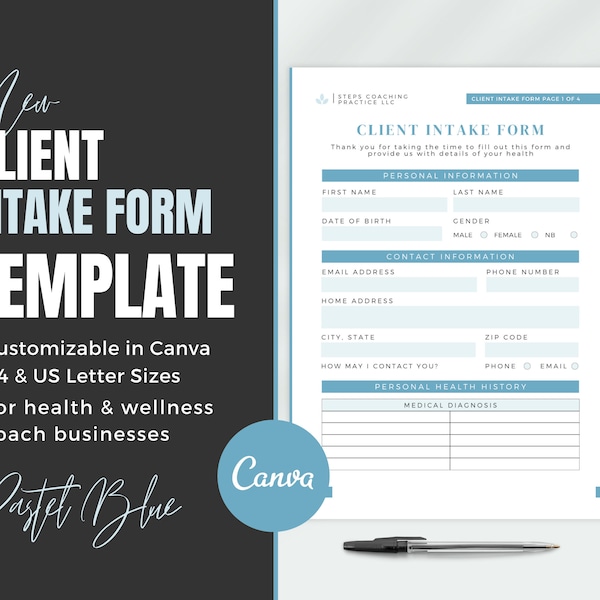 Client Intake Form Canva Template | Health Coach Forms | Client Coaching Form | New Client Intake Packet | Client Information Sheet | BLUE